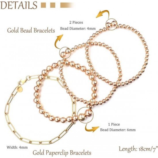 4 PCS Bead Bracelet For Women Beaded Ball Paper Clip Bracelet Stretchable Elastic Bracelet Set